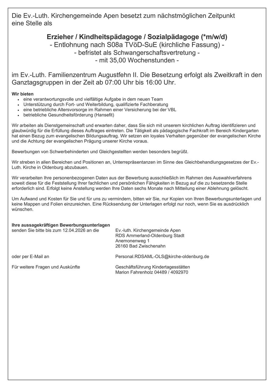 Stellenangebot Schwangerschaftsvertretung