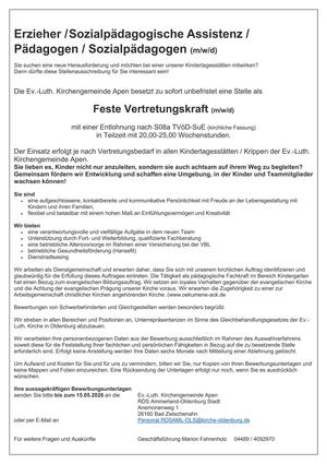 Kita-Stellenangebot - Feste Vertretungskraft