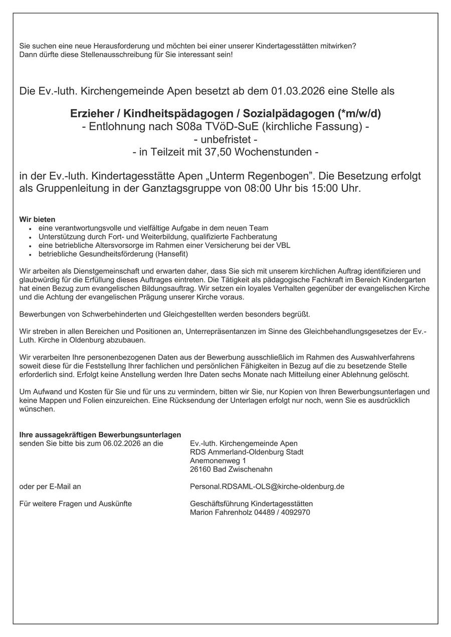 2025.12 Ausschreibung Erzieher Kita Apen