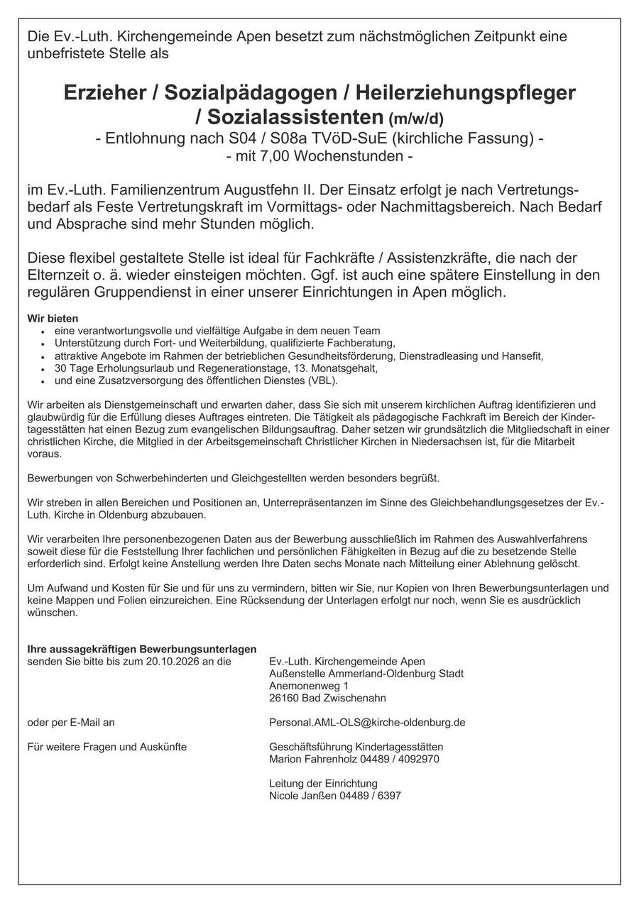 Vertretungskraft für das Familienzentrum A-fehn II