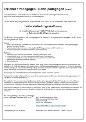 Vertretungskraft KiTa / Krippe Apen